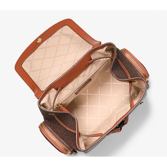 MICHAEL KORS Jet Set Large Logo Backpack Brown Gold Chain Leather Trim NWT - Picture 3 of 5